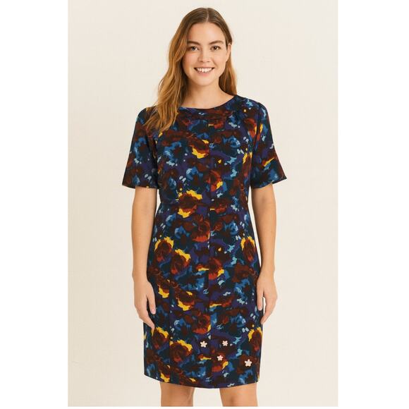 Boden Dresses & Skirts - BODEN Silk Blend Sz 8 Dress KNEE LENGTH Short Sleeve FLORAL Blue BROWN Lined
